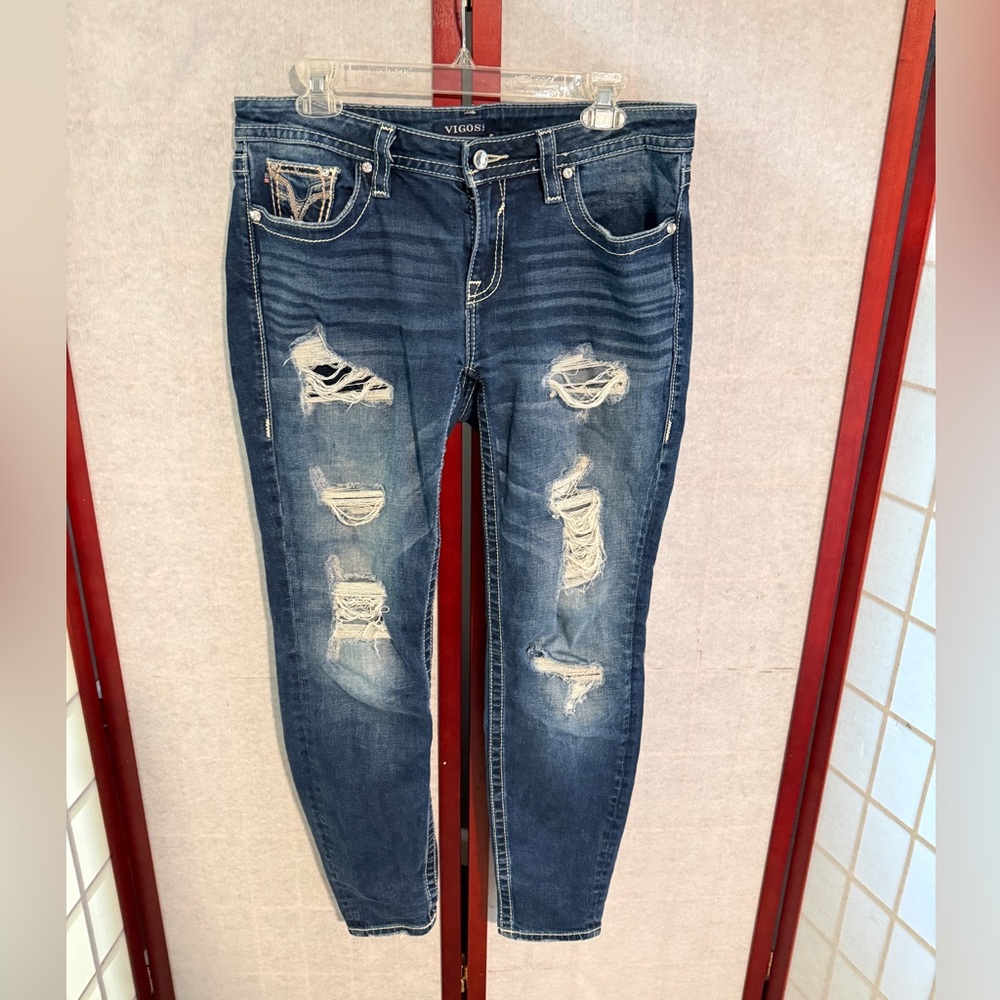 Vigoss Women's Ripped Dark Blue Skinny Jeans 10L/30